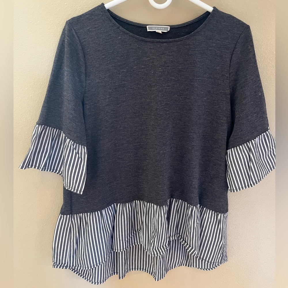 Women’s Pleione Gray Blouse with Gray and White Striped Ruffles